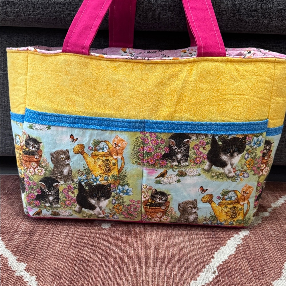 Handmade Padded Tote Bag – Cat Print Patchwork Organizer w/ Tons of Pockets - Picture 3 of 10